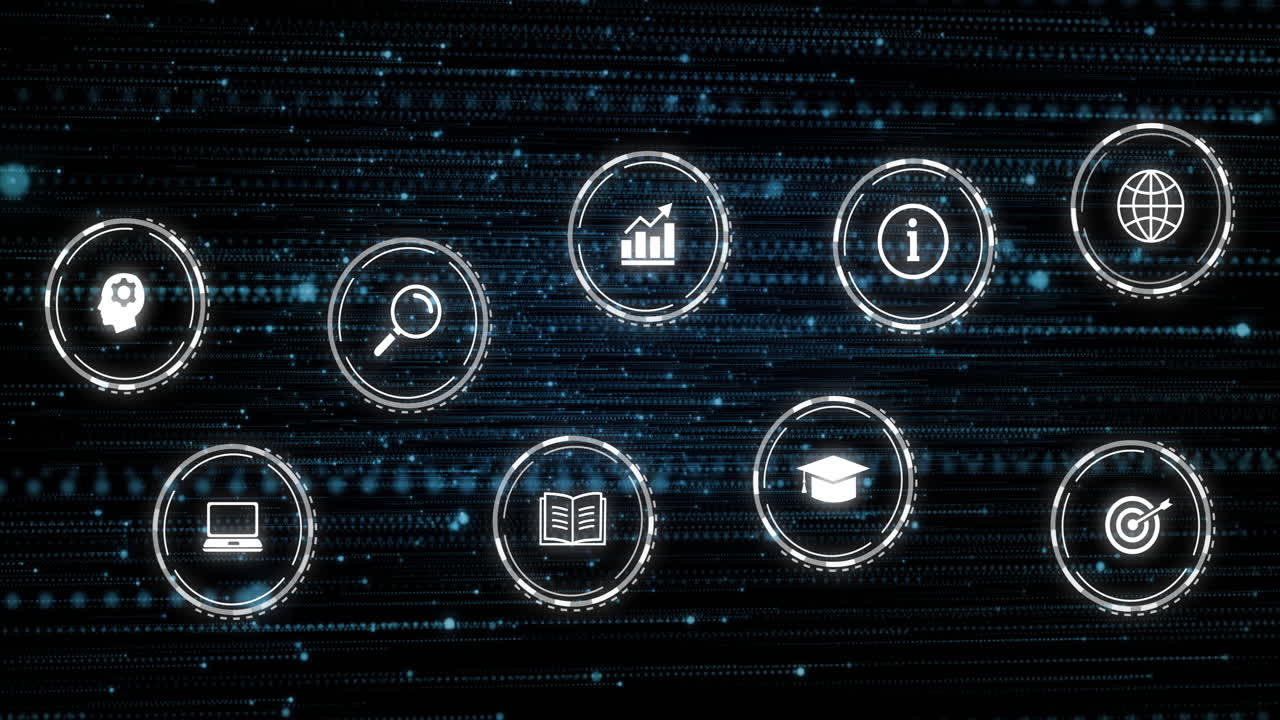 Animation of digital icons and data processing on black background