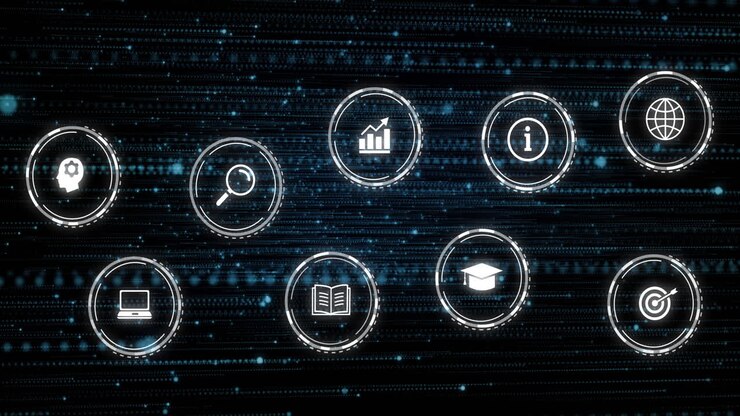 Animation of digital icons and data processing on black background