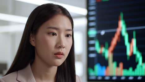a focused young woman analyzes stock market trends, observing fluctuating charts and data visualizations as she prepares for investment decisions