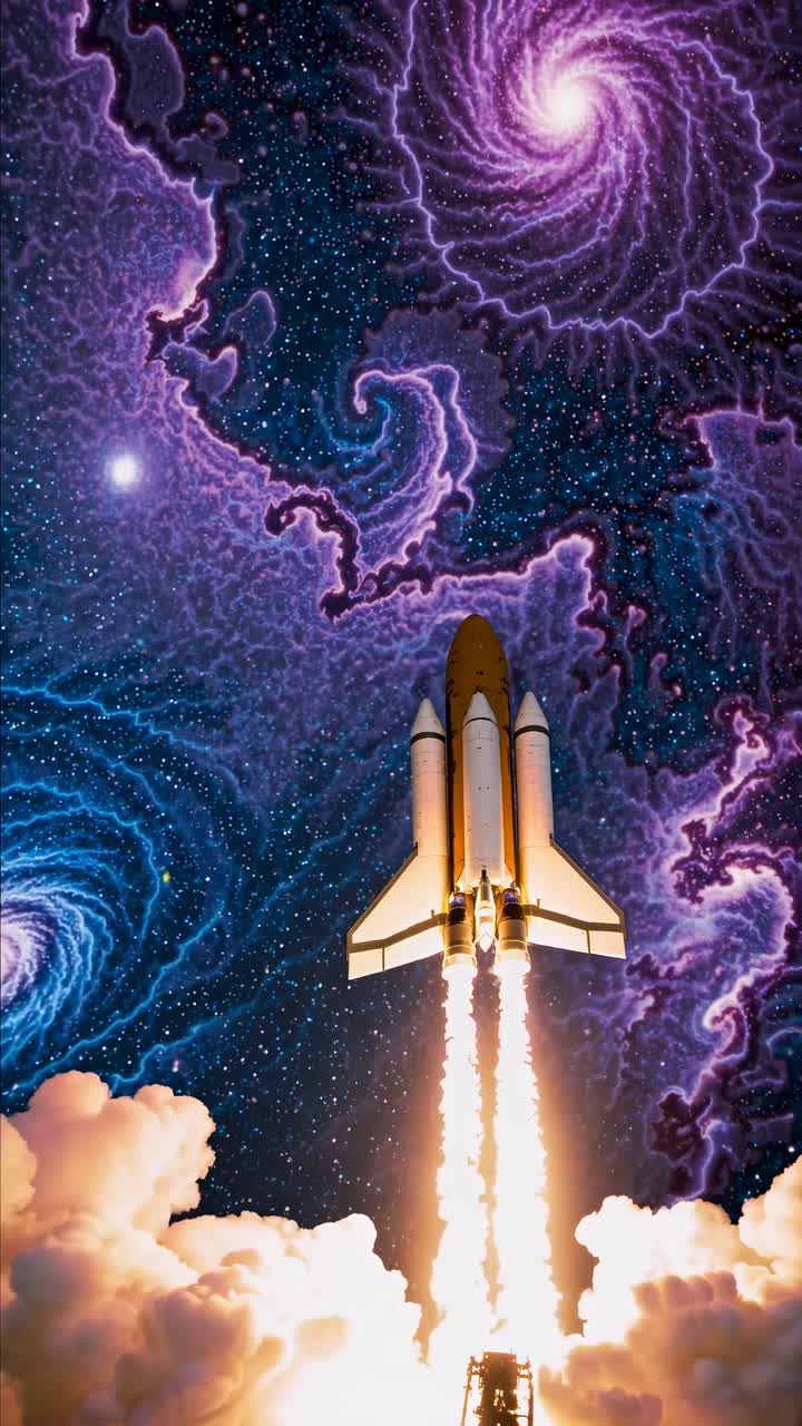 A rocket launches into a vibrant, swirling galaxy. Captured from a low angle, this video-style image