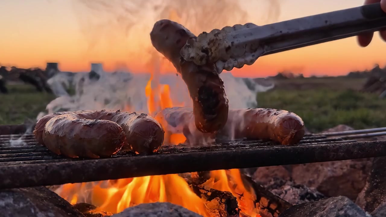 Salsicce sfrigolanti che arrostiscono su una griglia ardente al tramonto, creando un'esperienza barbecue perfetta circondati dai vivaci colori serali della natura.