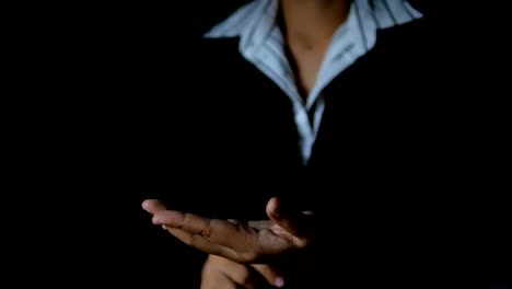 business woman make hand gesture for technology concept dark and grain processed