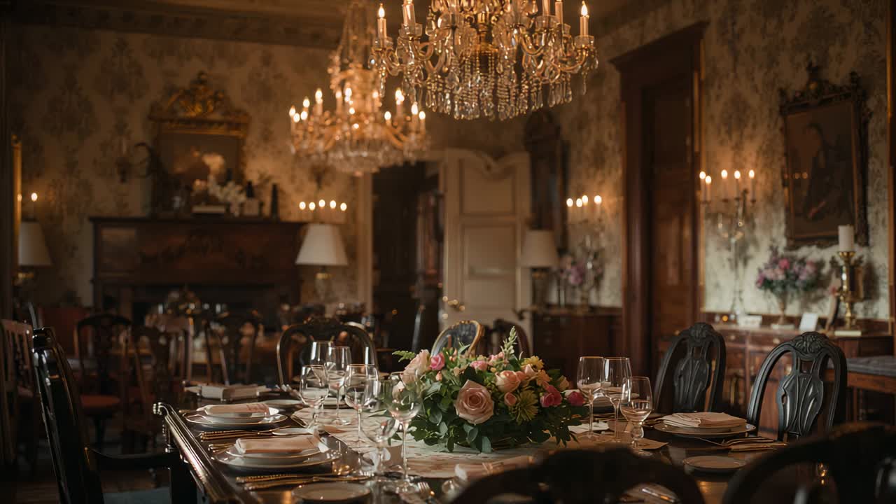 Pushing camera moving forward and shifting right in period room, revealing pink roses centerpiece