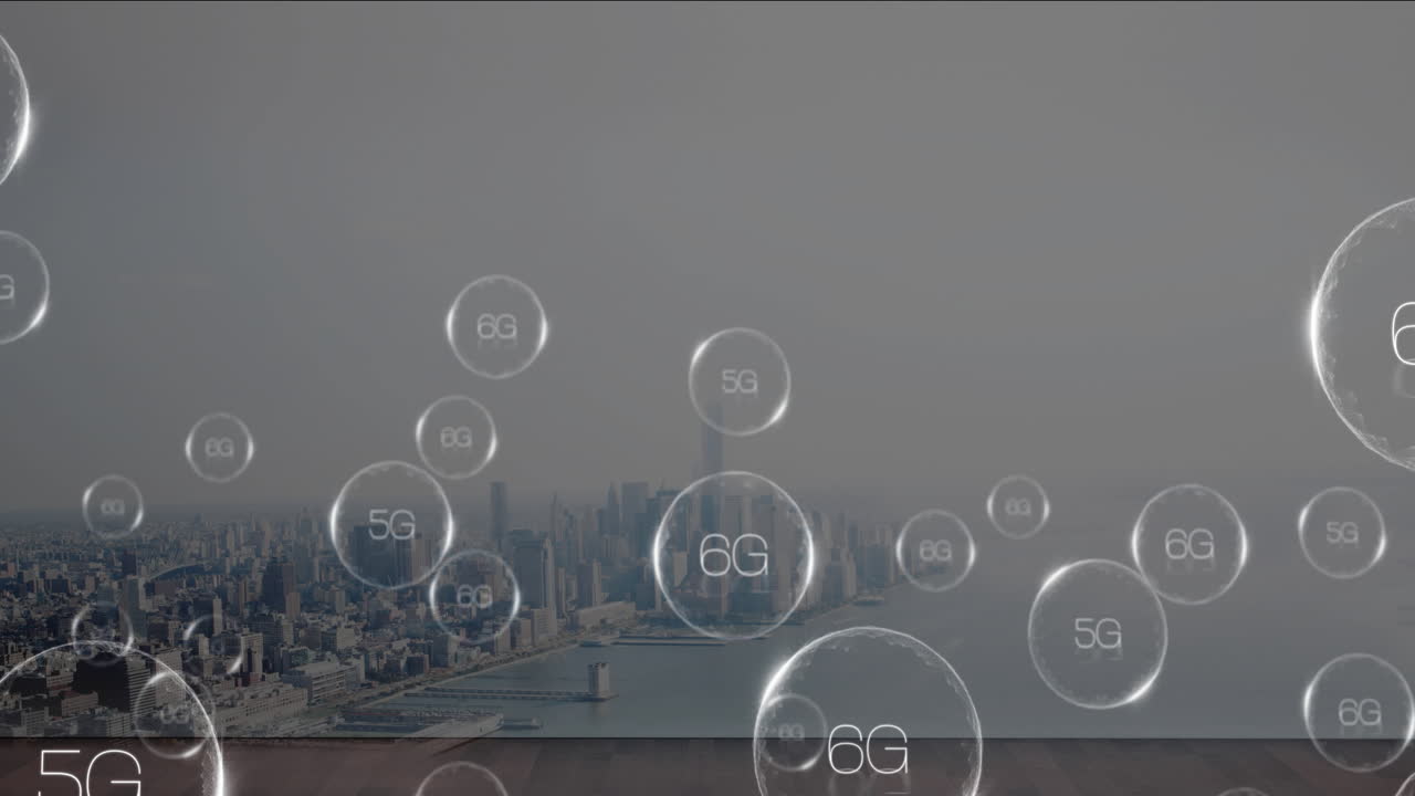 Floating 5G and 6G network bubbles over city skyline in animation style