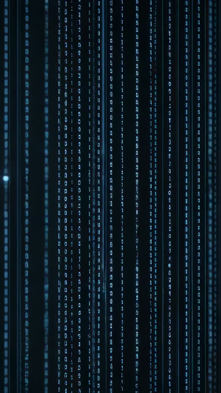 Vertical video: Starting cyan code streams expanding on black void showing drifting particles
