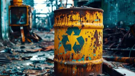 a rusty yellow barrel with a recycling symbol on it