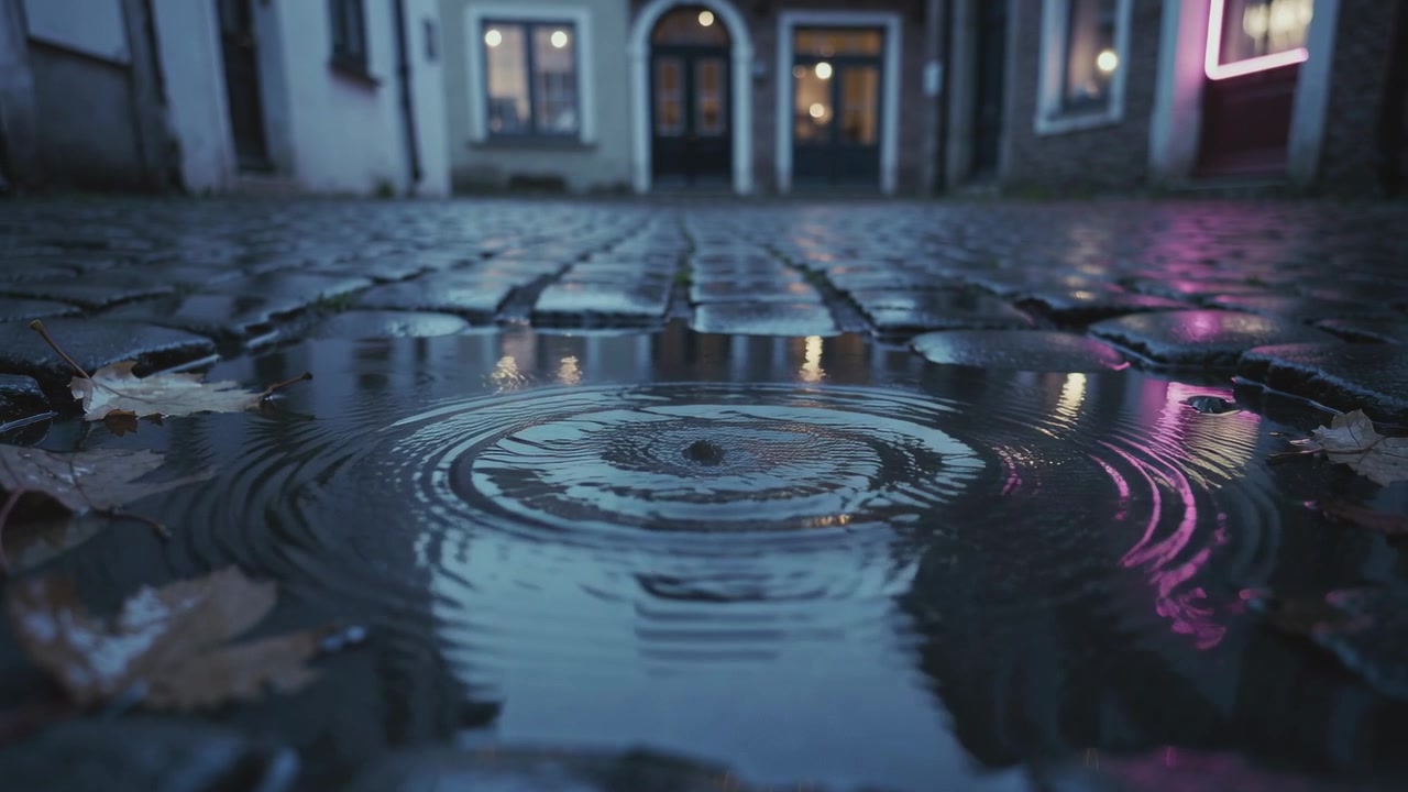 Krusninger i en grunn vanndam som reagerer på en fallende dråpe fra lett regn på en brosteinsgate