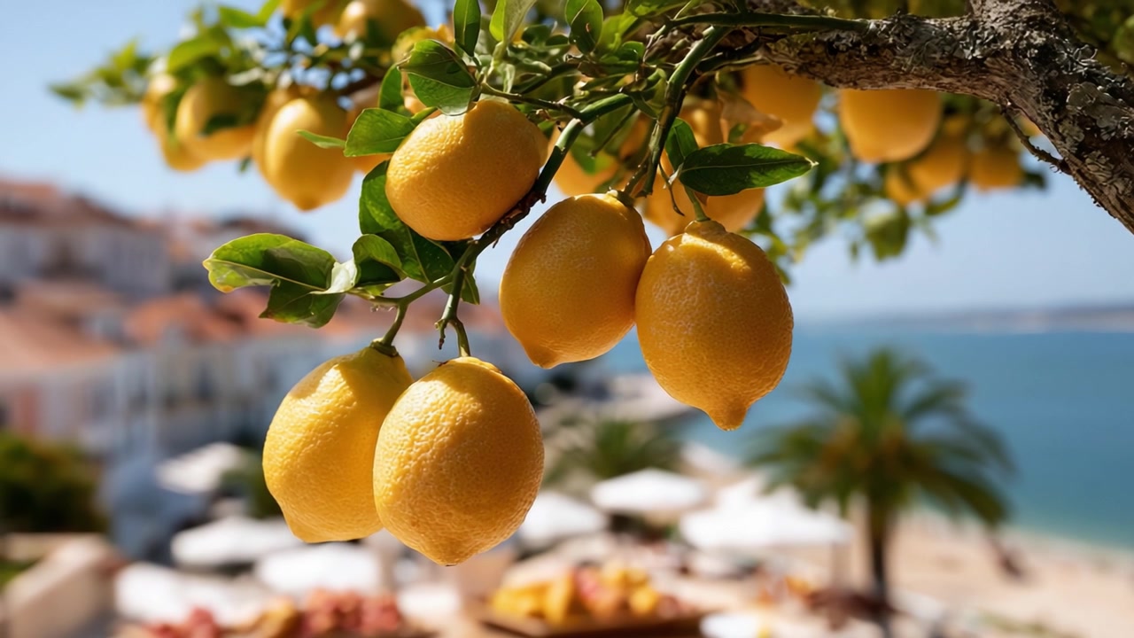 Manzaralı Bir Plaja Bakan Olgun Sarı Limonlarla Dolu Bol Verimli Bir Limon Ağacı Dalı, Doğanın Bolluğunu ve Parlak Güneş Işığını Vurguluyor