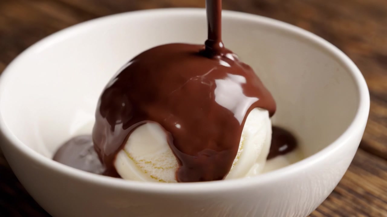 Deliziosa Indulgenza: Palline di Gelato Cremoso con Ricca Salsa al Cioccolato Versata Sopra per un'Esperienza di Dessert Decadente