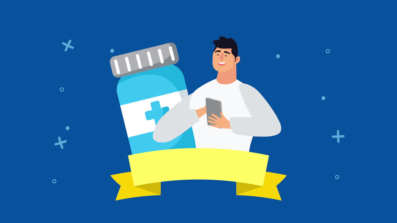 드폰 과 약병 을 들고 있는 남자