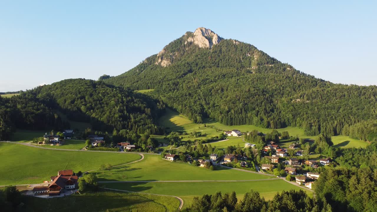 Paesaggio verde della campagna austriaca con montagna coperta da foresta, vista aerea.