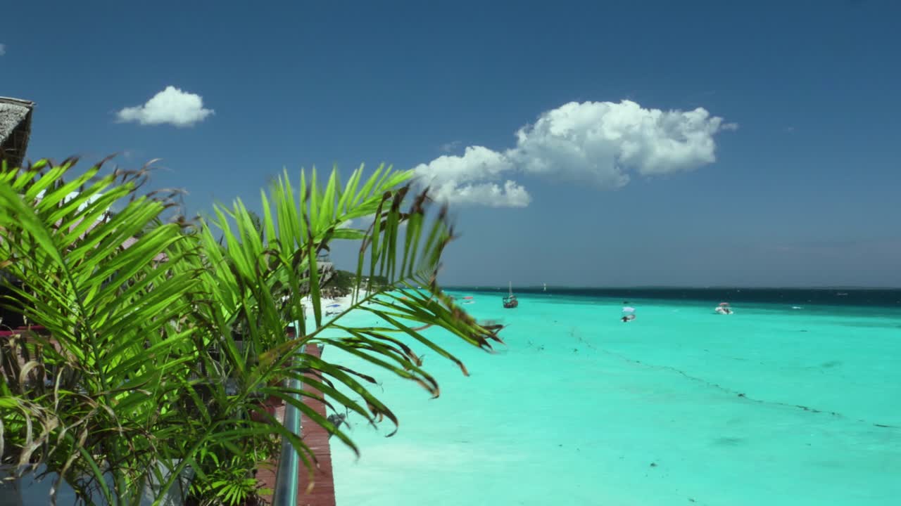 Picturesque tropical Zanzibar beach with palms around. Exotic vacation destination