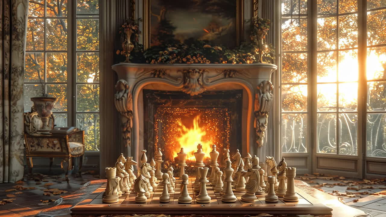 Cozy autumn evening by the fireplace. Warm light from a fireplace fills a room decorated for autumn. Leaves drift outside through large windows