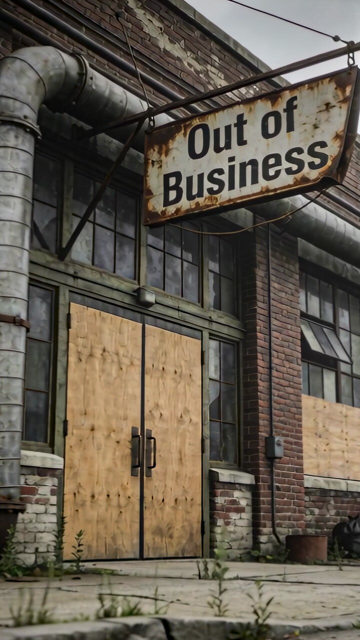 Vertical video: Camera panning revealing boarded doors and Out of Business sign showing urban decay