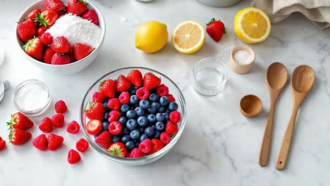 fresh strawberries, blueberries, and raspberries are beautifully arranged in bowls on a marble countertop, alongside sugar, lemons, and wooden utensils, creating a vibrant culinary scene