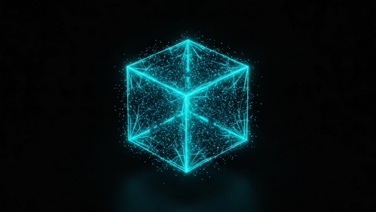 A Futuristic Glowing Blue Cube Transforms in a Dark Environment, Emitting Sparks and Energy, Signifying Innovation and Advanced Technology in Digital Design