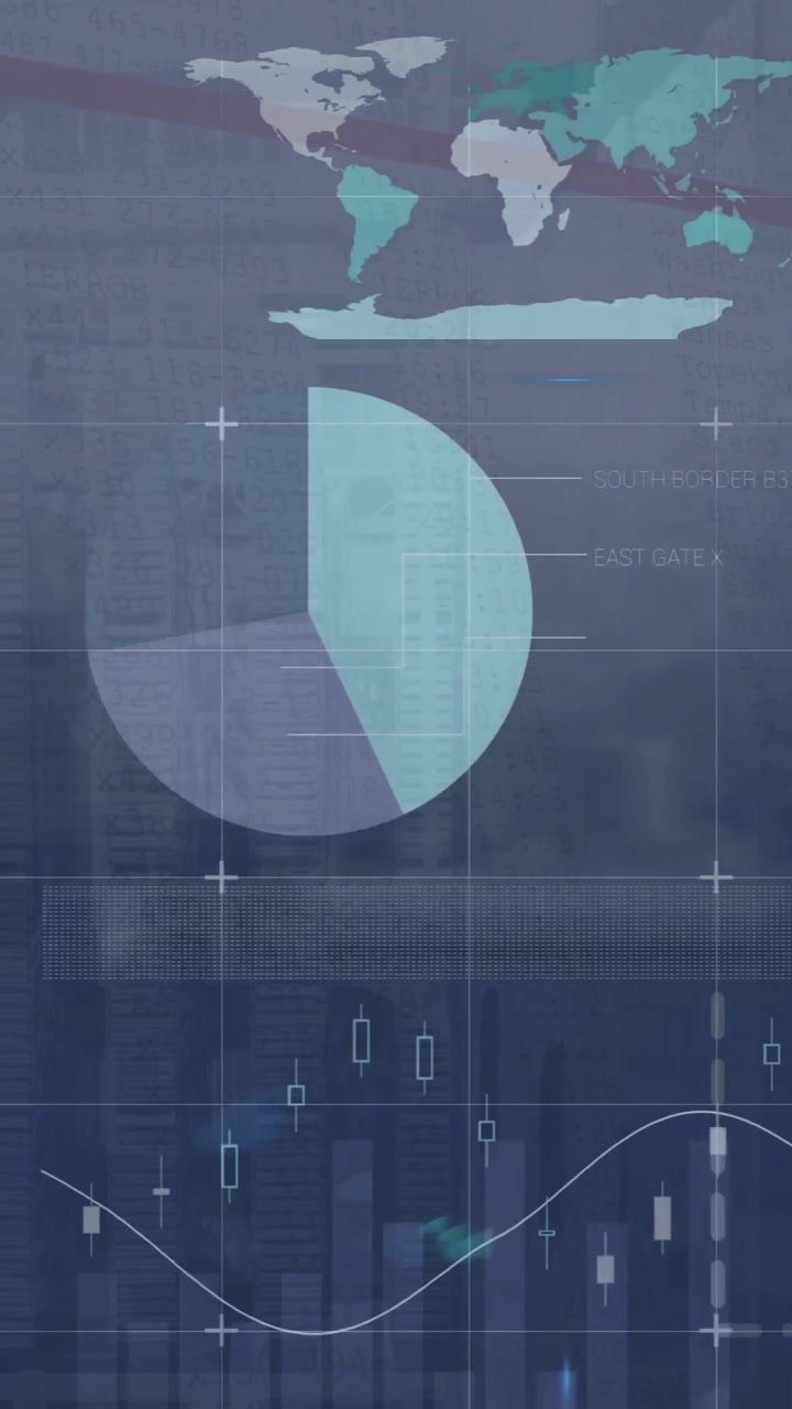 Animazione dell'elaborazione di dati finanziari su un paesaggio urbano