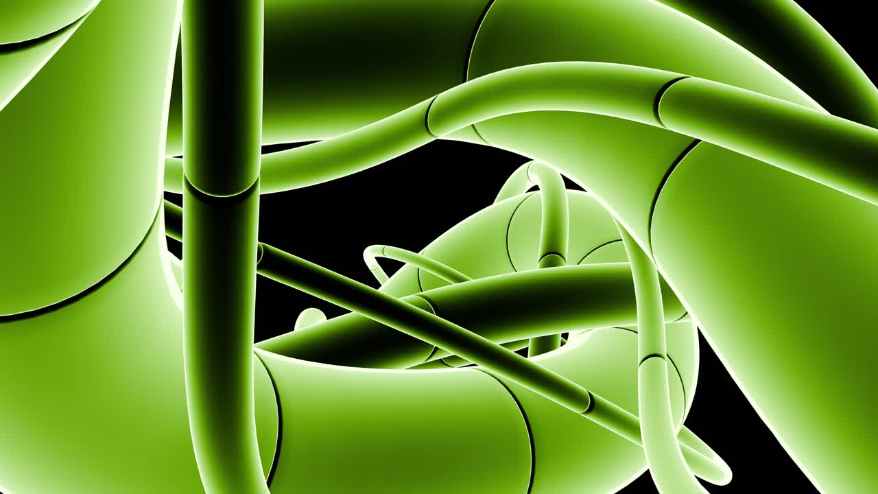Tubos abstractos verdes y brillantes entrelazados sobre fondo negro