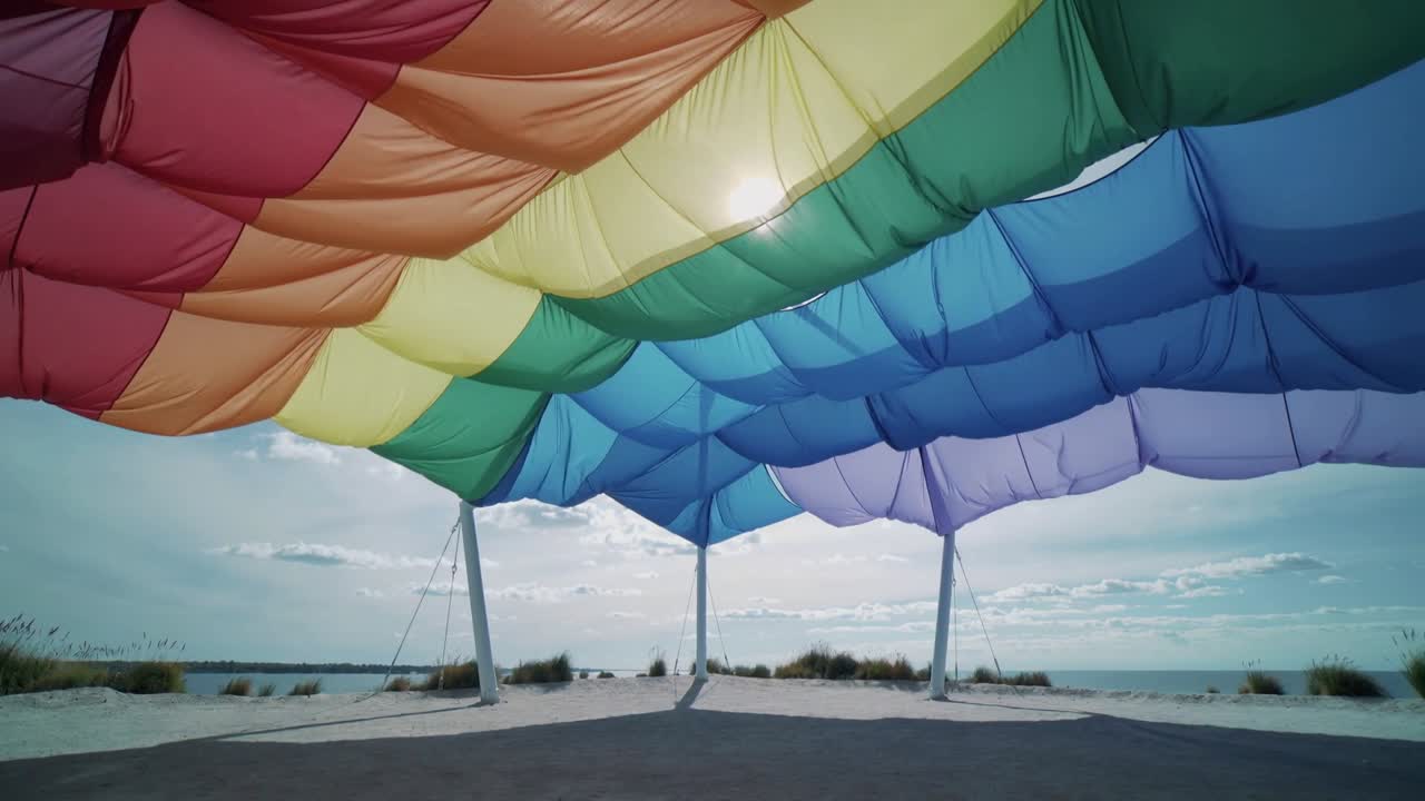 Tettoia arcobaleno ondeggiante che si muove sopra un padiglione in riva al mare per una leggera brezza, proiettando fasci di luce solare.
