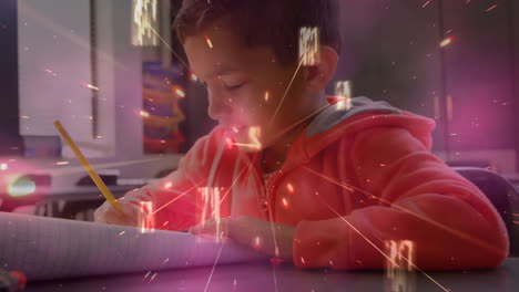 animación de rastros de luz y formas sobre un escolar biracial