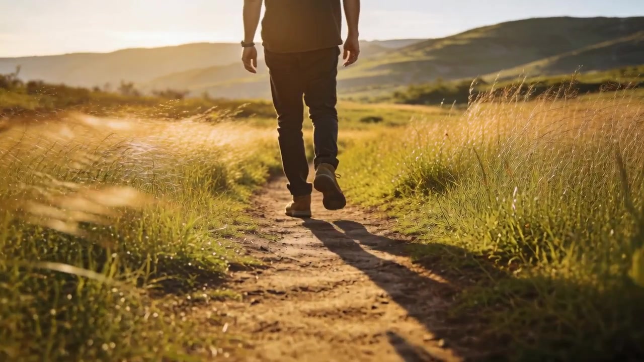 Hombre adulto caminando, dando el primer paso, avanzando hacia colinas distantes por un sendero de tierra, usando botas oscuras.