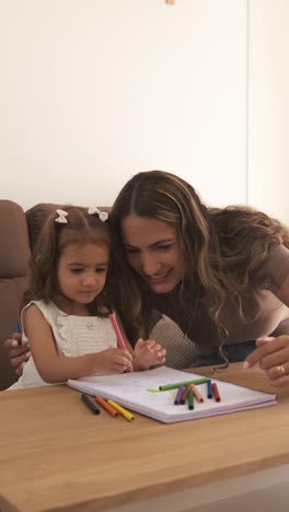 loving mother and daughter drawing on sofa at home