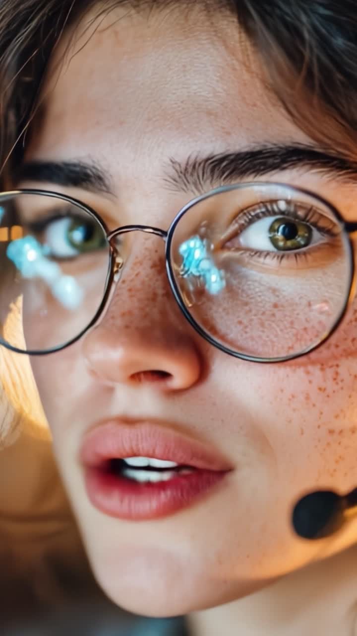 Ritratto ravvicinato di una giovane donna con lentiggini e occhiali alla moda, che evidenzia occhi espressivi e un sorriso coinvolgente su uno sfondo illuminato delicatamente.