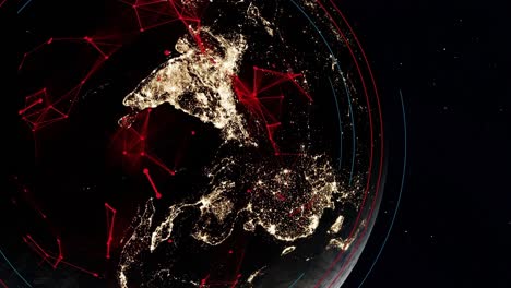 tierra en la oscuridad de cerca, la materia energizada roja aparece alrededor de la órbita