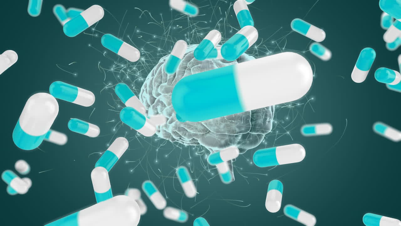 떨어지는 알약의 디지털 애니메이션