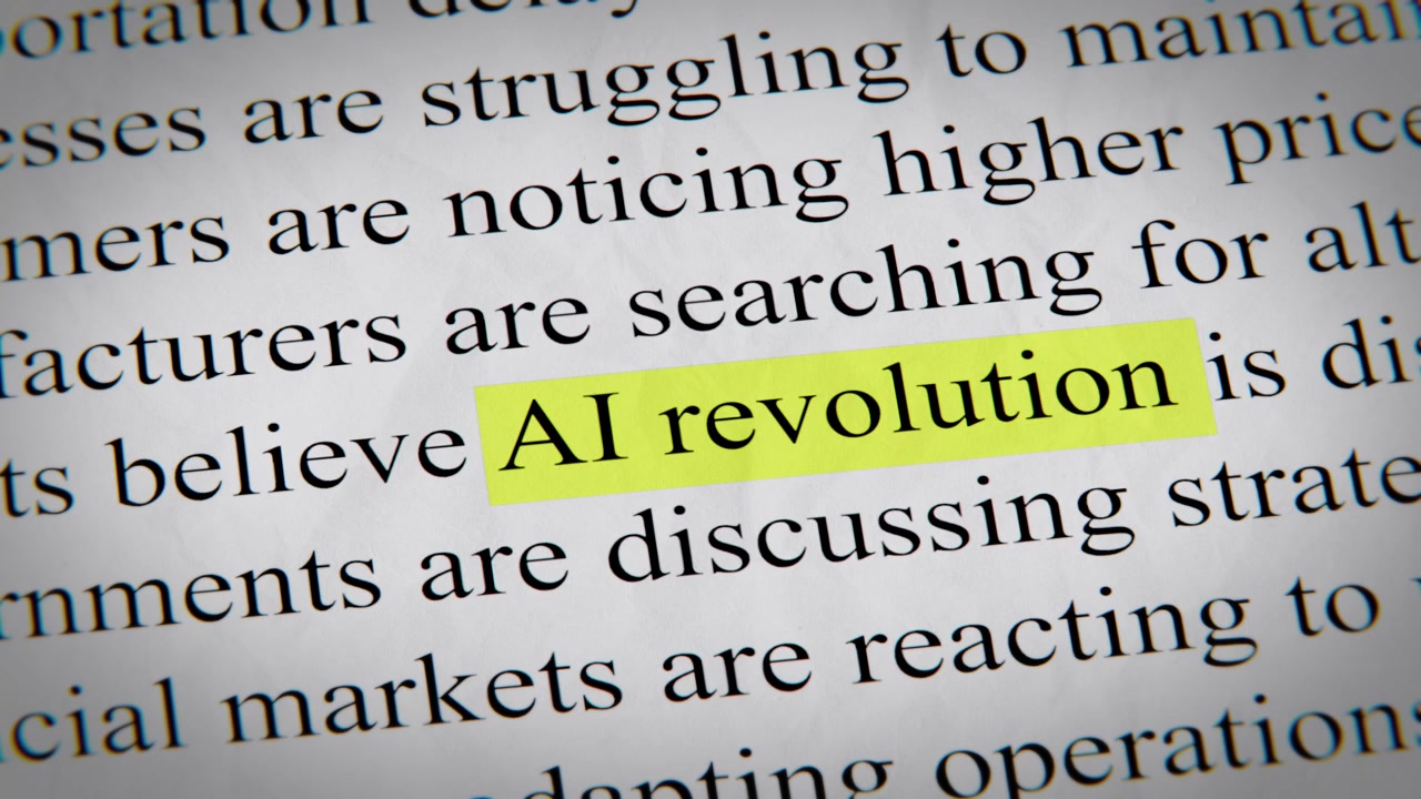 Minimal cinematic editorial AI revolution text animation designed for documentary, economic, technology, and news-related storytelling.
