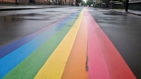 wet rainbow crosswalk stretching down urban street after rain promoting diversity, inclusion, and lgbtq plus rights, creating vibrant colorful pathway