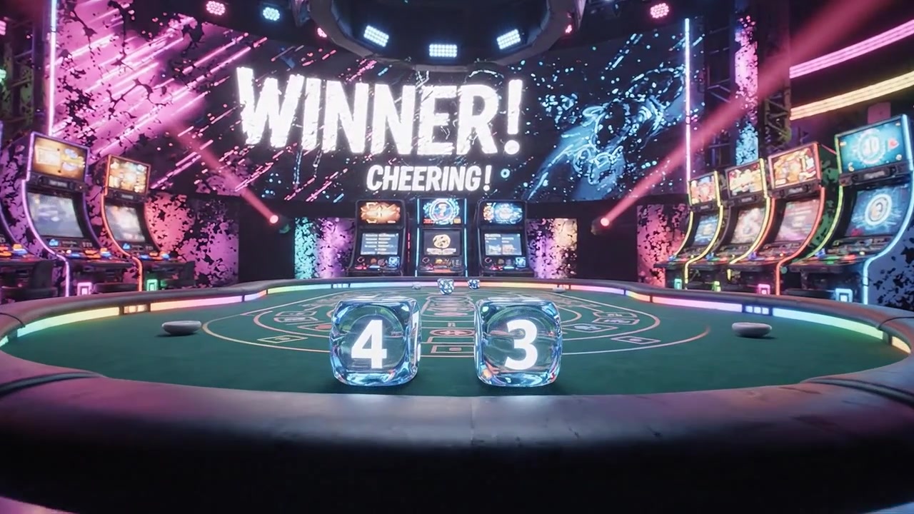 Scena di Casinò al Neon Vibrante: Una Vista Spettacolare di una Sala da Gioco Futuristica con Slot Machine Colorate e un'Elegante Postazione di Roulette Illuminata da Luci Dinamiche