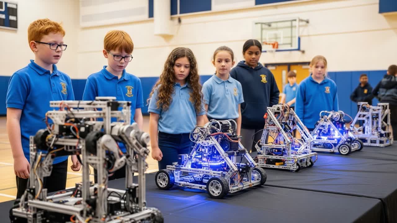 Young Innovators Showcase Technology Skills with Creative Robotics in Educational Environment, Highlighting Team Spirit and Engineering Excellence in Schools