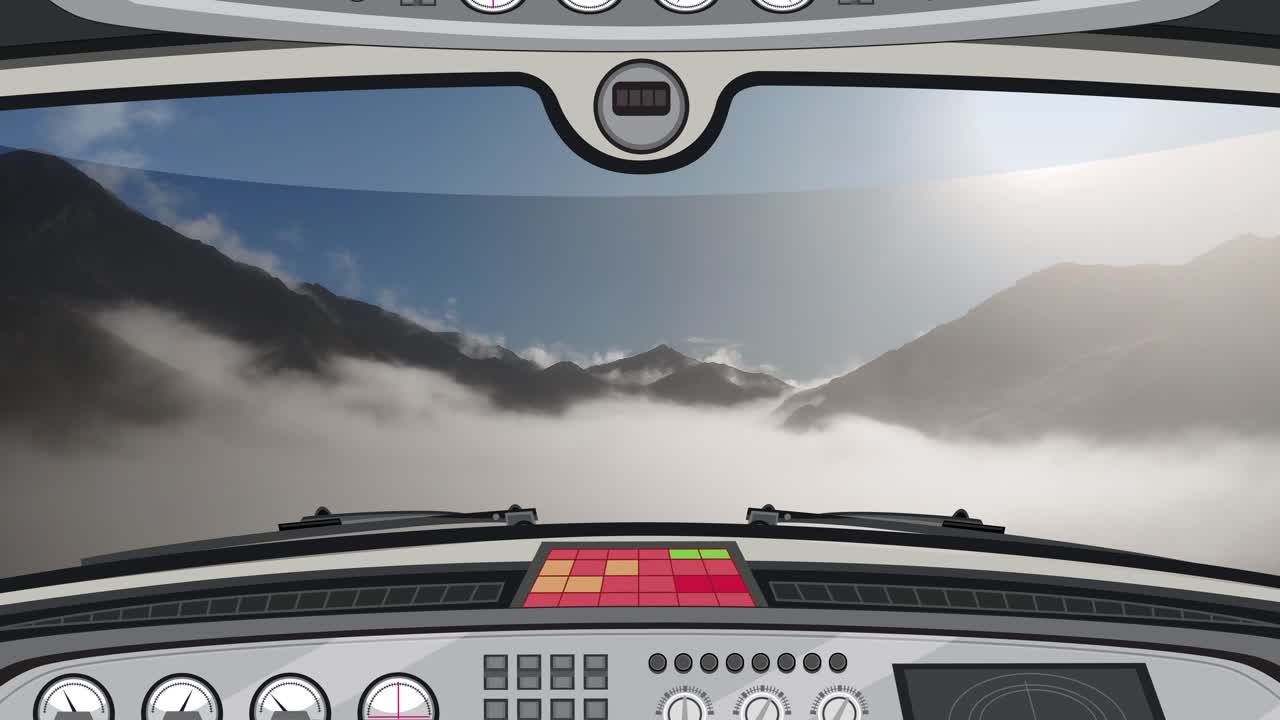 Cockpit view of an airplane flying over mountains through dynamic clouds and changing light
