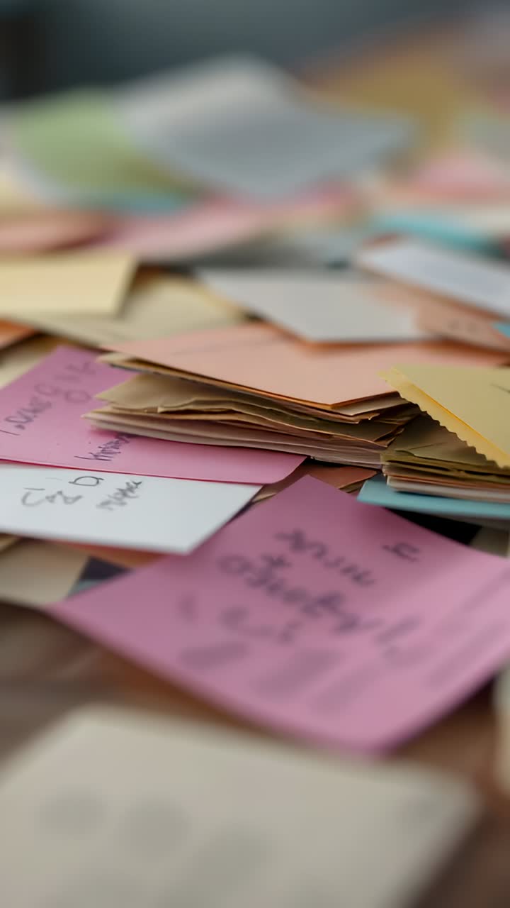 Vertical video: Moving camera revealing texture of pastel sticky notes on desk by shifting focus