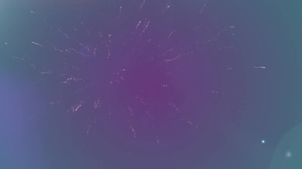 Digital animation of fireworks exploding against colorful spots of light on black background