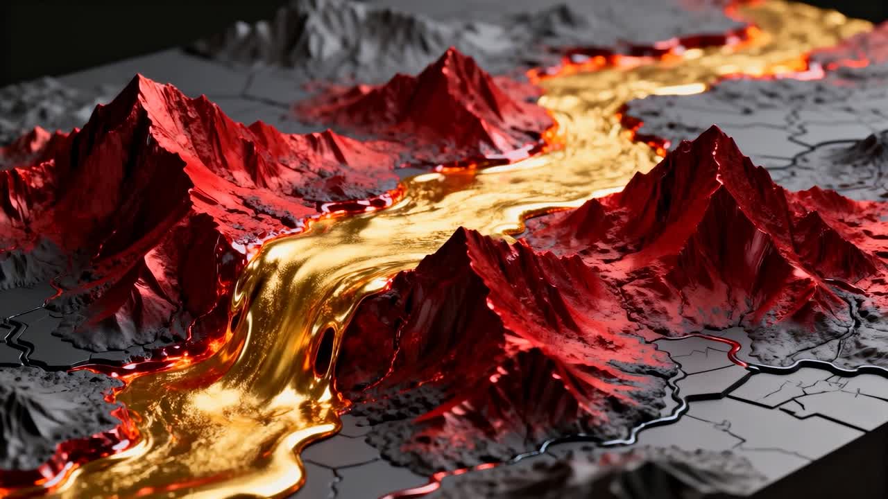 Avvicinando la camera, fiume dorato che scorre attraverso creste rosse su base piastrellata grigia, che mostra la texture