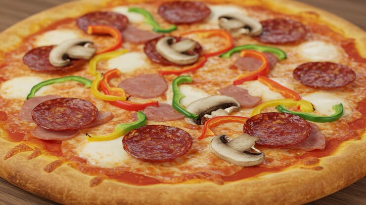 Pizza al pepperoni deliziosamente condita con peperoni colorati e funghi – una festa per gli occhi e per il palato che attende il tuo piacere.
