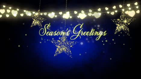 animation of dots floating over golden stars and seasons greetings on black background