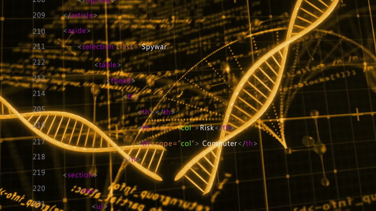 검은색 배경에 있는 dna 줄의 애니메이션과 데이터 처리