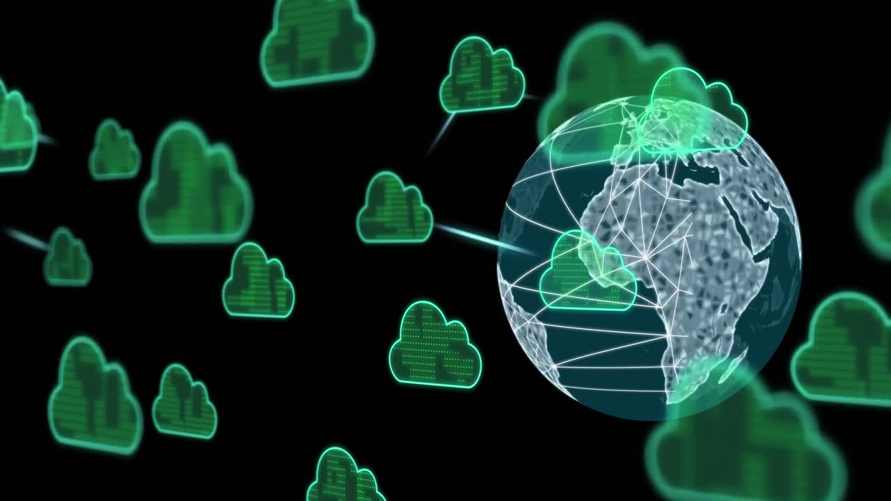 animación de iconos de nubes y procesamiento de datos en todo el mundo