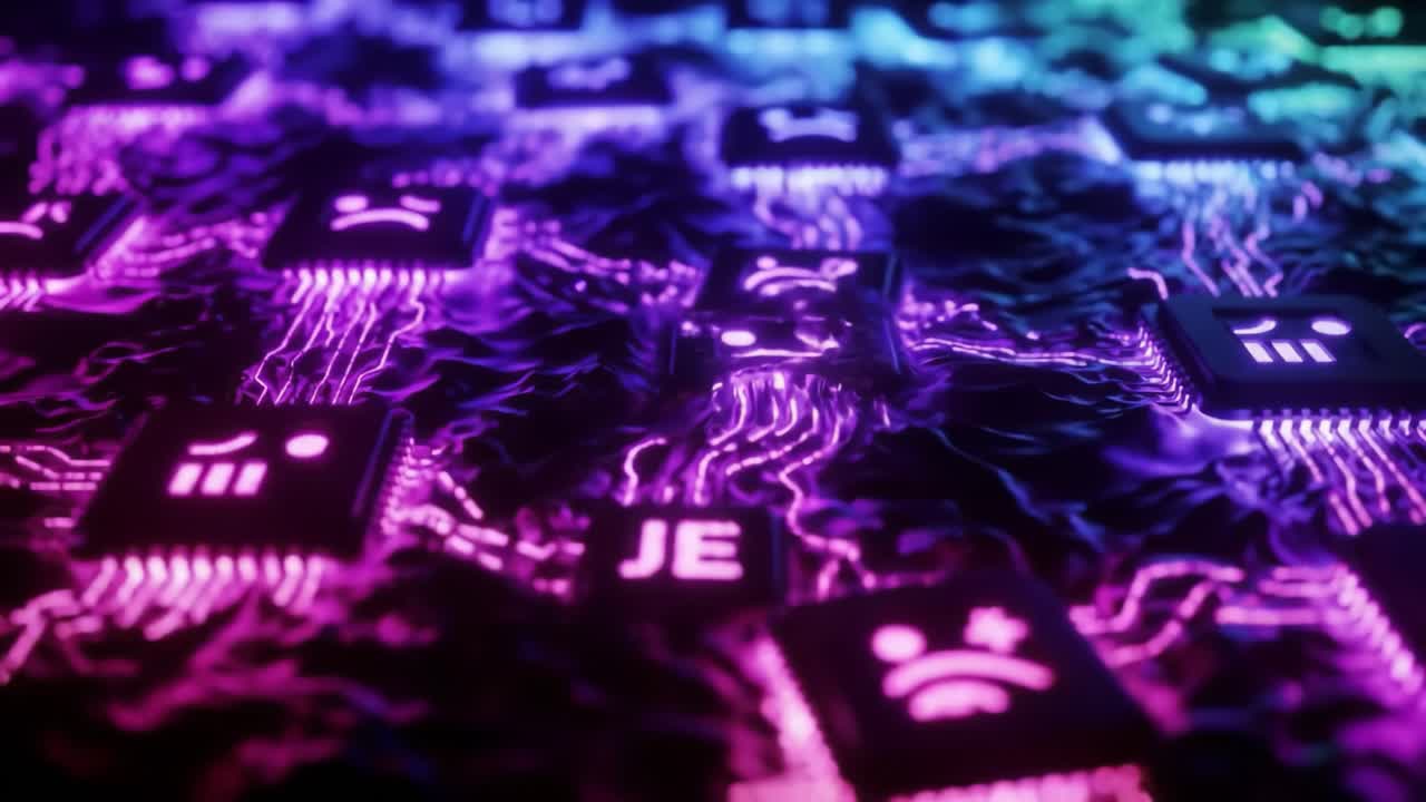 This captivating display showcases an intricate circuit board, highlighting the detailed chip designs illuminated by vibrant colors.