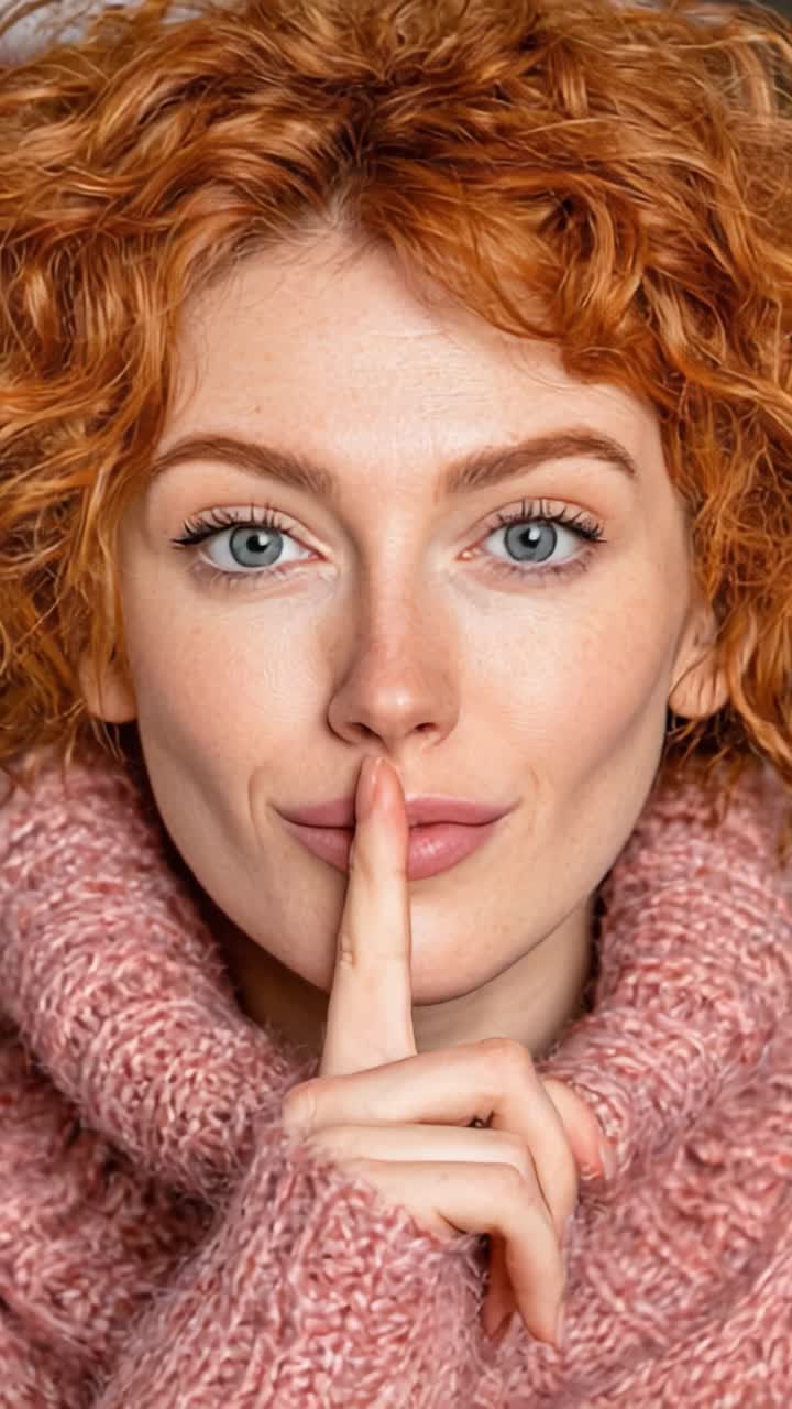 Un primo piano accattivante di una donna che zittisce la stanza con un dito sulle labbra, che mette in mostra i suoi splendidi lineamenti e lo sguardo espressivo in una luce soffusa