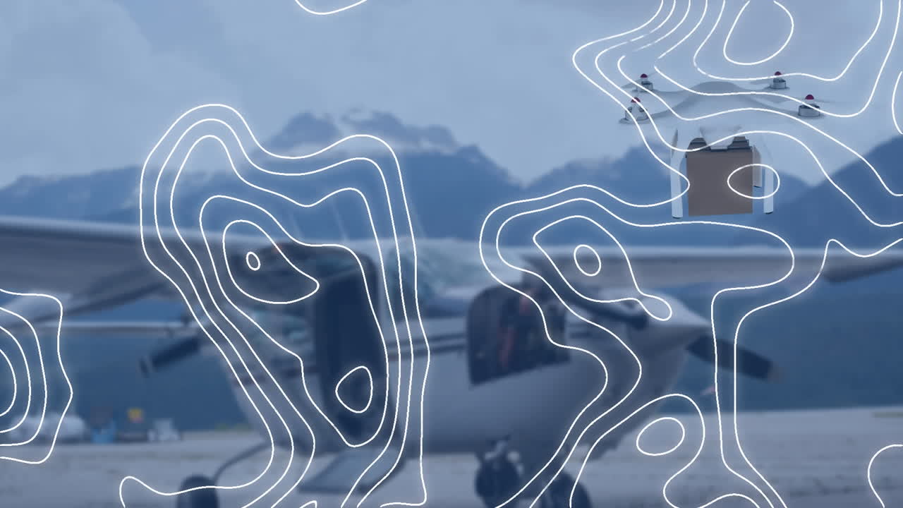 Animation of white map lines over drone carrying box and plane in background