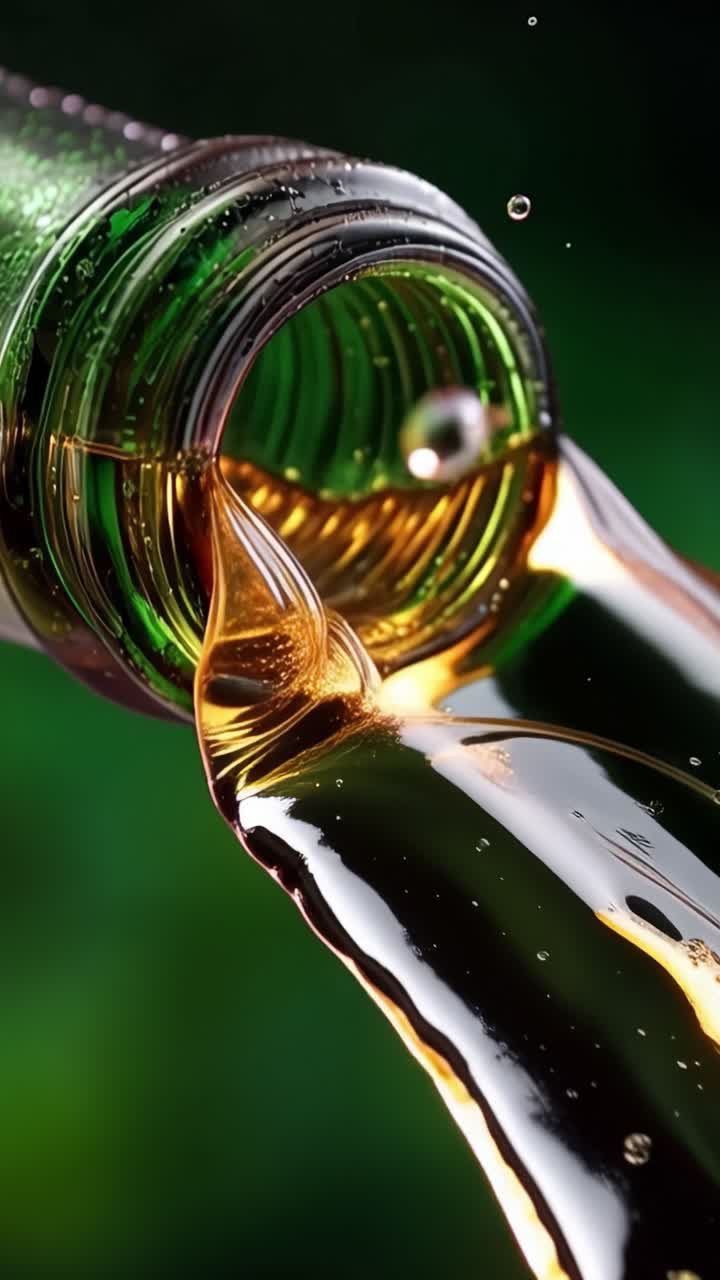 Una vista ravvicinata di liquido che si versa da una bottiglia verde, catturando i colori ricchi e il flusso dinamico in una presentazione artistica su uno sfondo verde.