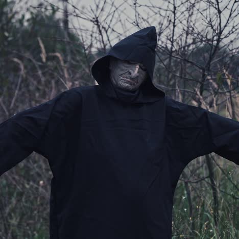 portrait of terrible ghost outdoors. scary figure of evil in black costume standing in nature with outstretched arms. concept of horror.
