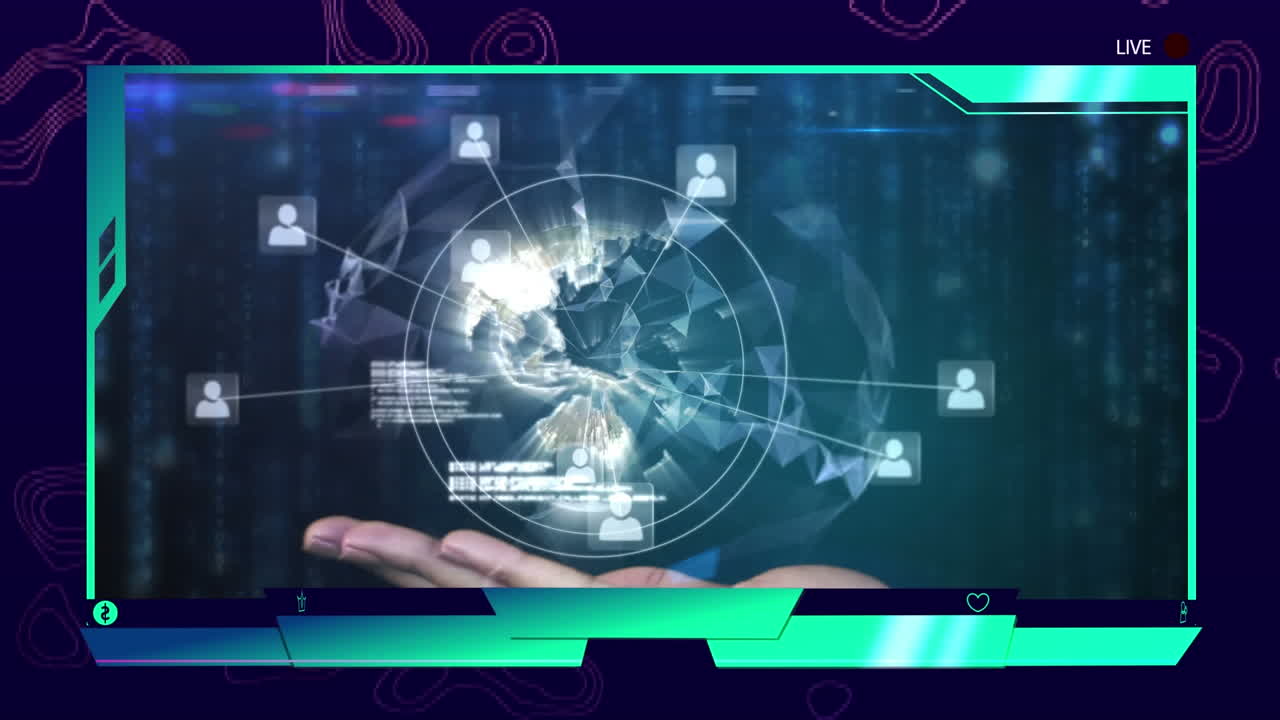 Animation of network of connections with icons and globe on screen