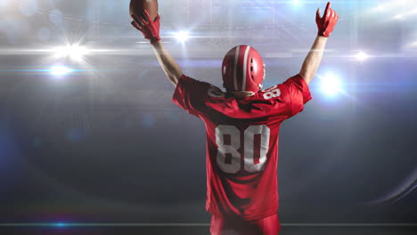 animation of rear view of american football player holding ball at floodlit stadium