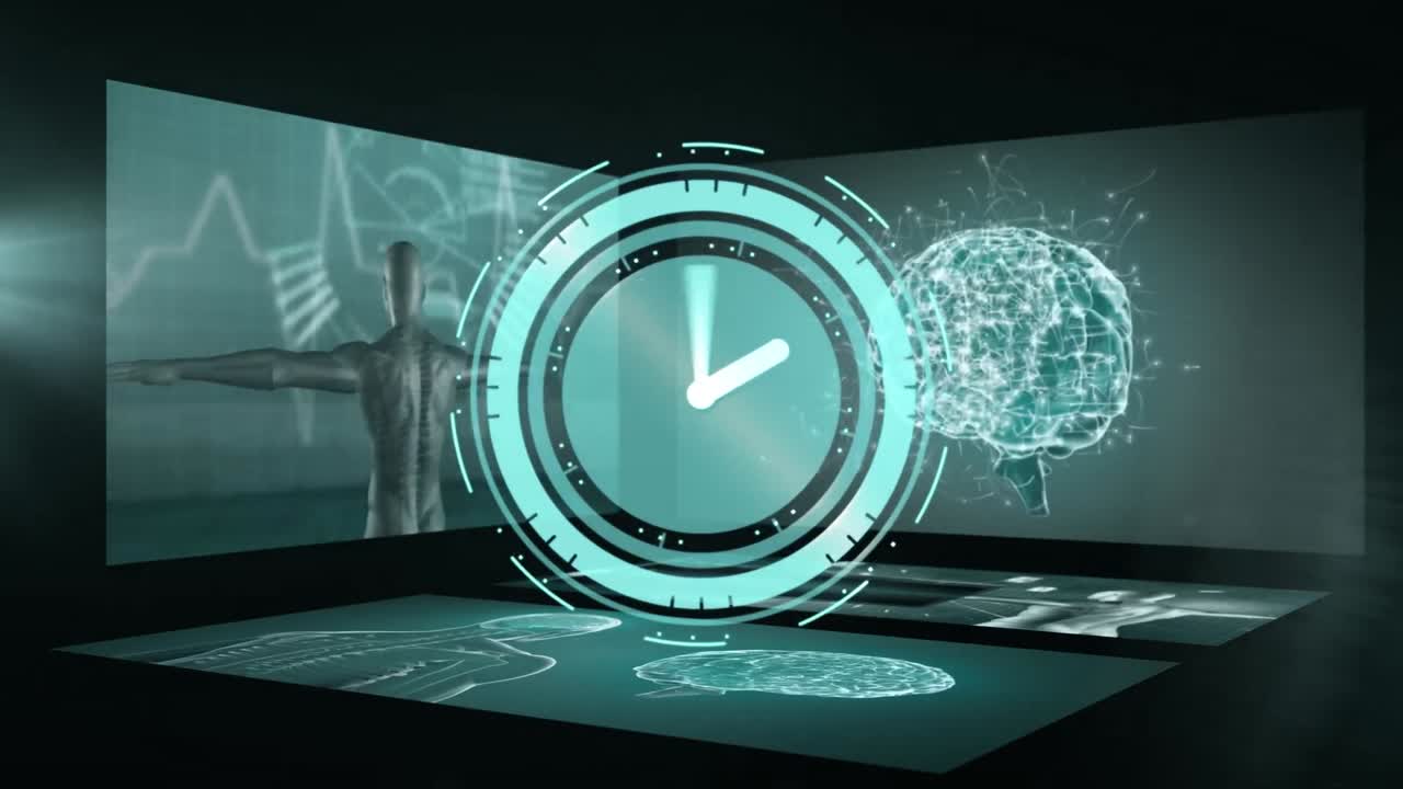 검은 바탕에 데이터 처리 및 시계의 애니메이션