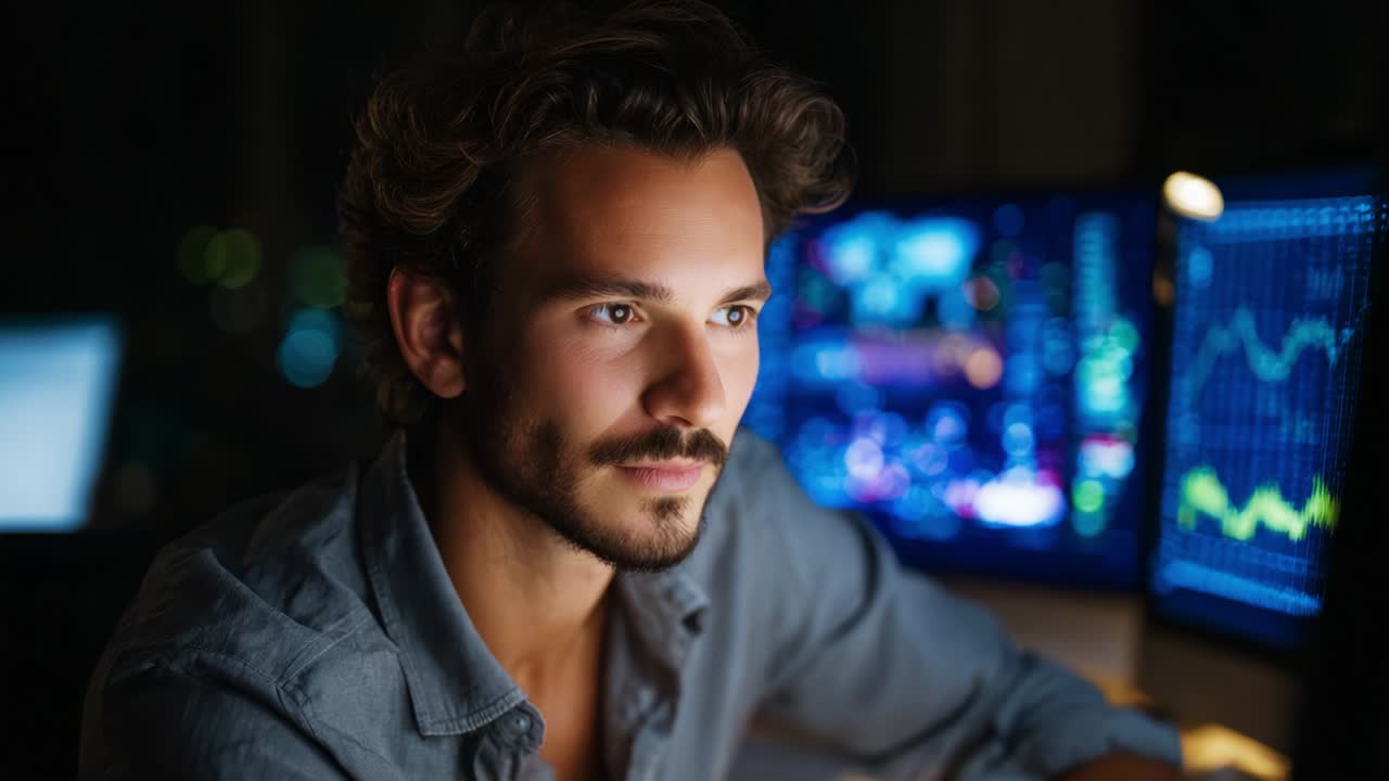 Focused Individual Analyzing Complex Data on Multiple Monitors, Capturing the Essence of Modern Technology and Financial Analysis in a Dimly Lit Environment